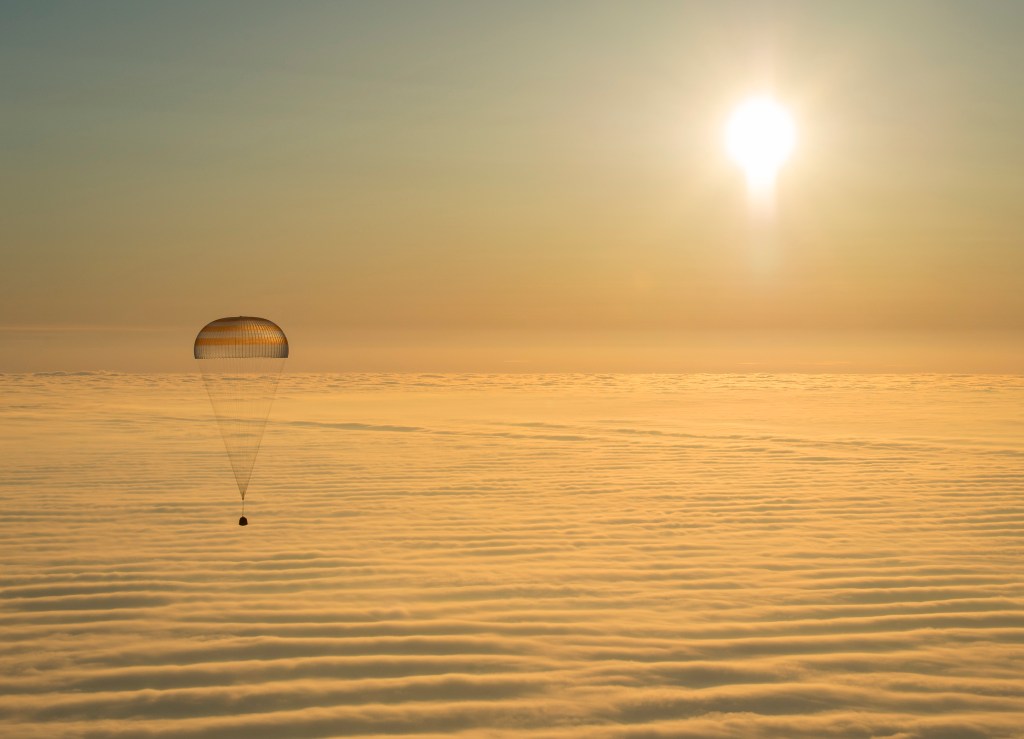 The Soyuz TMA-14M spacecraft is seen as it lands with Expedition 42 commander Barry Wilmore of NASA, Alexander Samokutyaev of the Russian Federal Space Agency (Roscosmos) and Elena Serova of Roscosmos near the town of Zhezkazgan, Kazakhstan on Thursday, March 12, 2015. NASA Astronaut Wilmore, Russian Cosmonauts Samokutyaev and Serova are returning after almost six months onboard the International Space Station where they served as members of the Expedition 41 and 42 crews. Photo Credit: (NASA/Bill Ingalls)