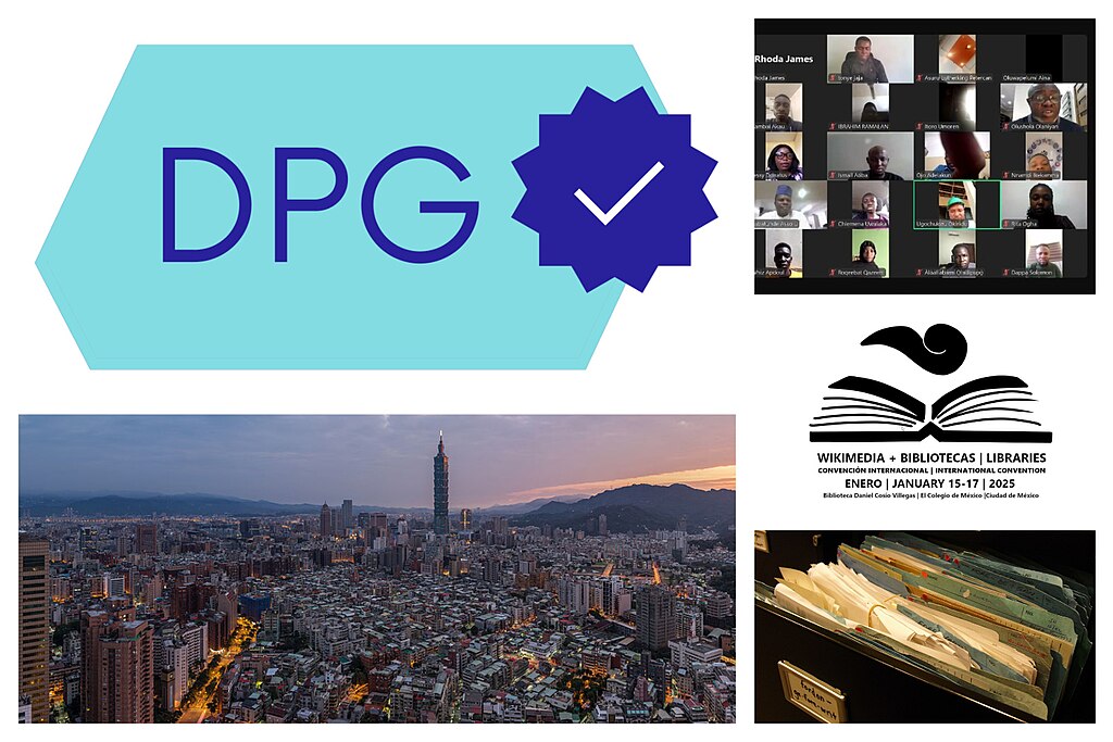 An image collage of images and a screenshot featuring: the logo of Digital Public Goods (DPG); a panoramic photograph of a Taipei sunrise; a screenshot of an online gathering of Wikimedians celebrating Public Domain Day 2025; the banner for a Wikimedian Event, WikiLibCon 2025; and, a photograph of archived files of research materials.
